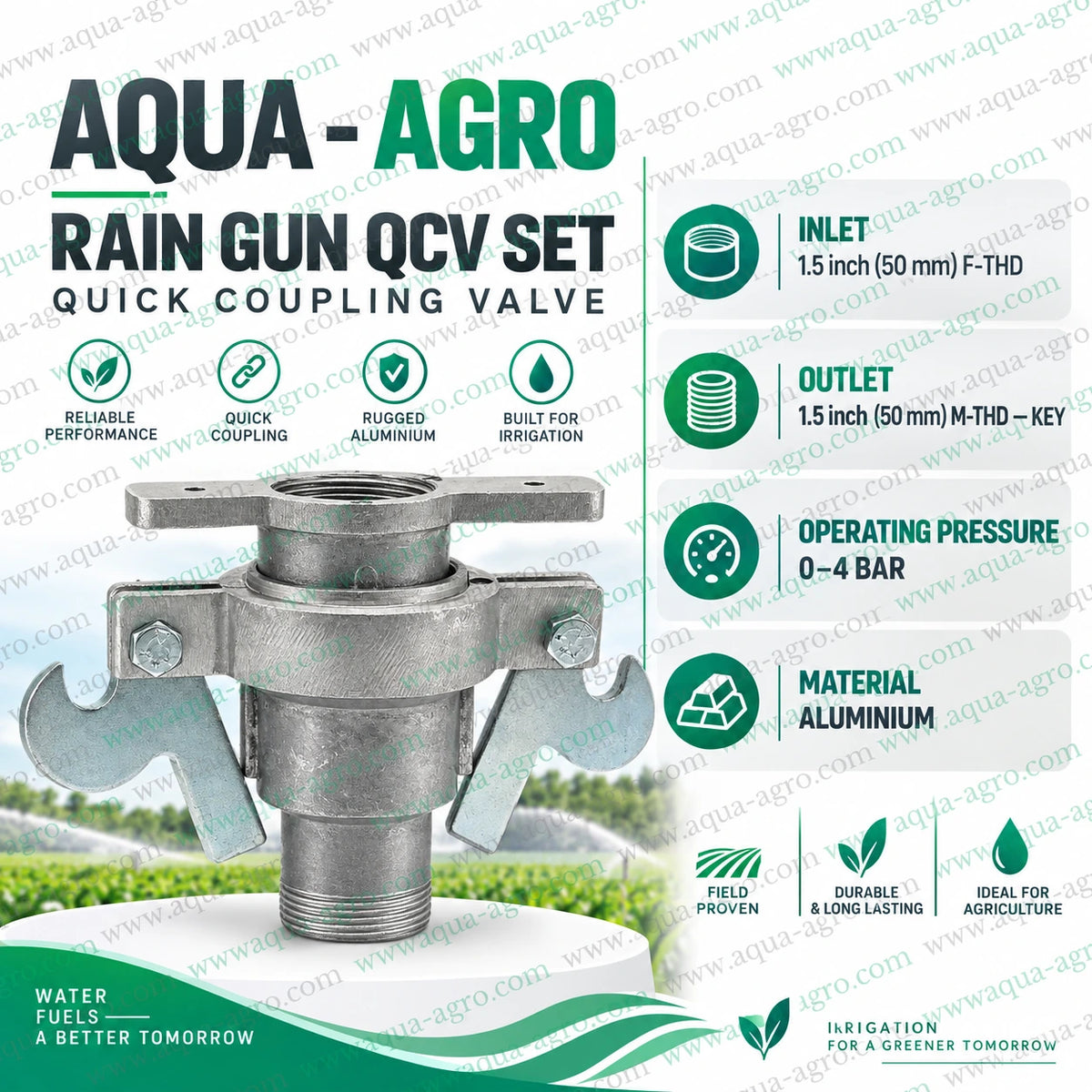 AQUA AGRO Quick Coupling Valve QRC QCV Set 1.5 Inch 50mm Aluminium Rain Gun Coupling Female Thread Inlet Male Thread Riser Key 0 to 4 Bar