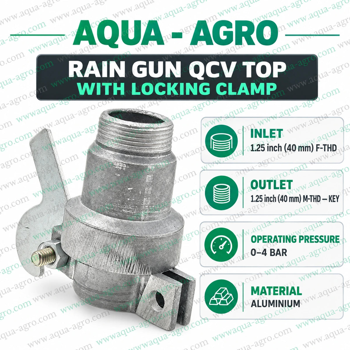 AQUA AGRO Rain Gun QCV Top Quick Coupling Valve with Locking Clamp 1.25 Inch 40mm Male Threaded Aluminium Irrigation Coupler for Portable Rain Gun System