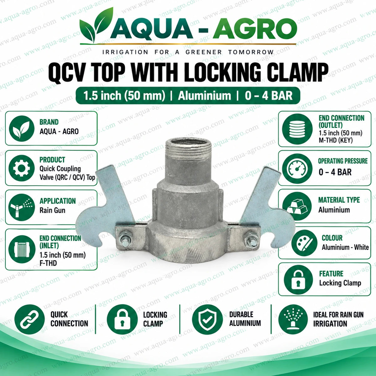 AQUA AGRO Quick Coupling Valve QCV Top 1.5 Inch 50mm Male Thread Aluminium Rain Gun Connector with Secure Locking Clamp