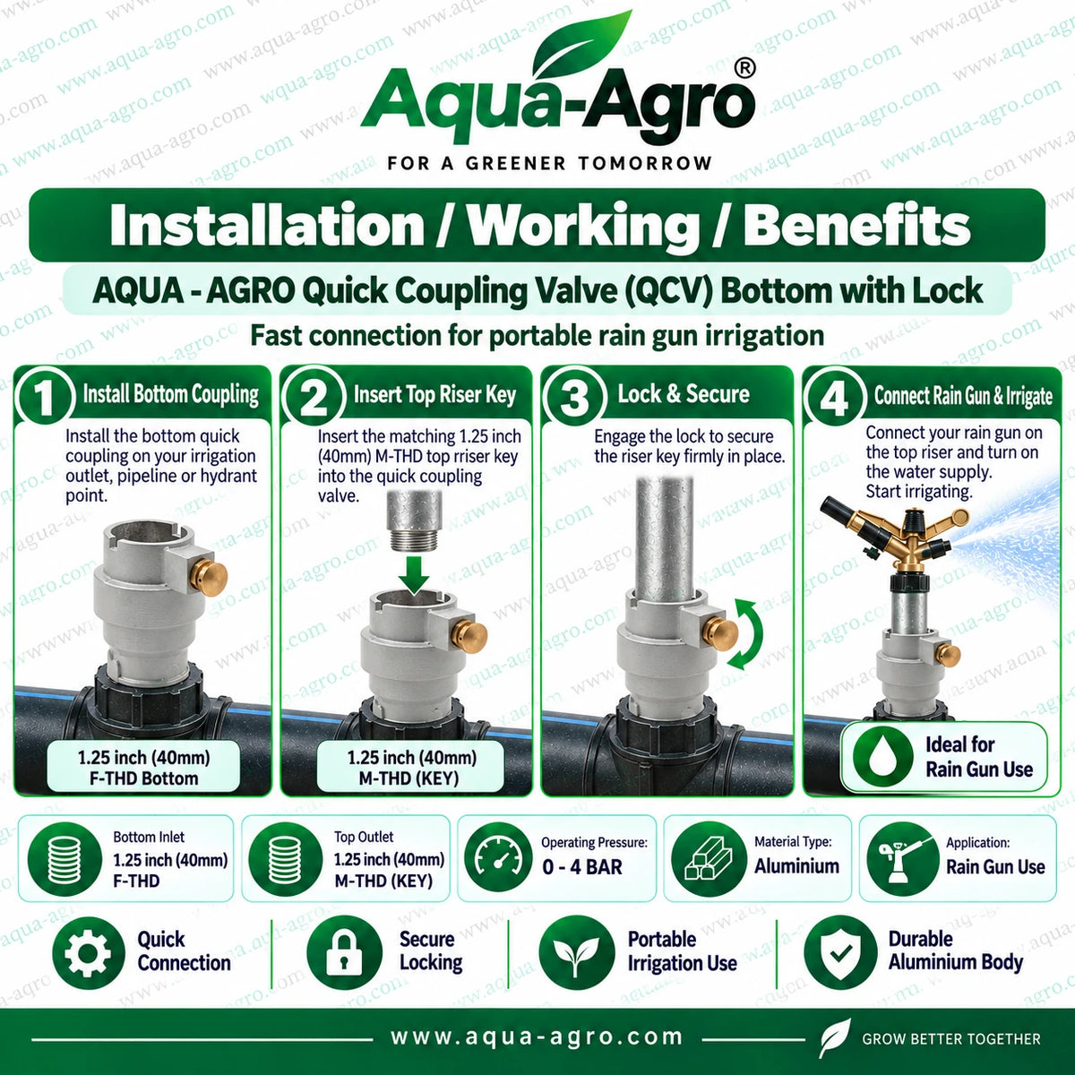 AQUA AGRO HT-40 GCF Quick Coupling Valve QCV Bottom with Lock 1.25 Inch 40mm Female Thread Aluminium Rain Gun Coupling for Portable Irrigation