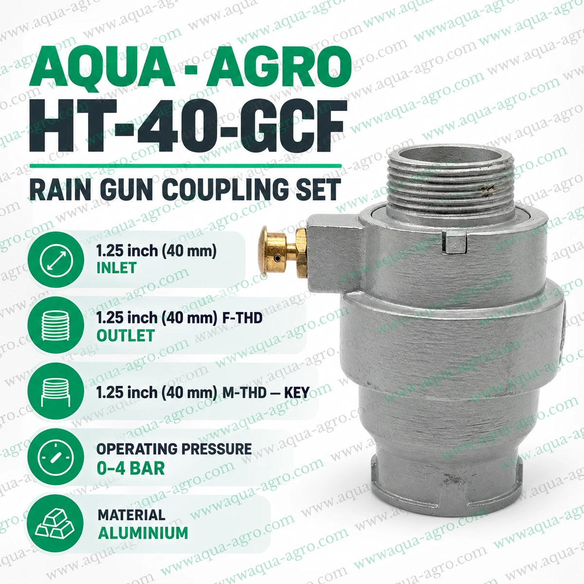 AQUA AGRO HT 40 GCF Quick Coupling Valve QRC QCV Set 1.25 Inch 40mm Aluminium Rain Gun Coupling Female Thread Bottom with Male Thread Key 0 to 4 Bar