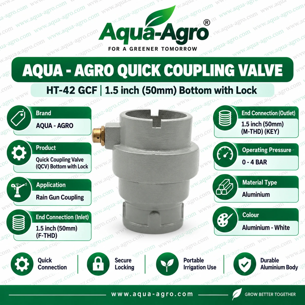 AQUA AGRO HT-42 GCF Aluminium Quick Coupling Valve QCV Bottom With Lock 1.5 Inch 50mm Female Thread Rain Gun Coupling for Portable Irrigation