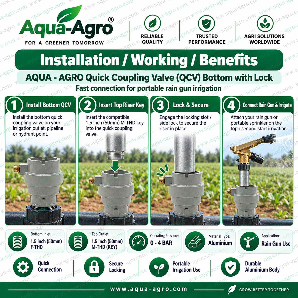 AQUA AGRO HT-42 GCF Quick Coupling Valve Bottom With Lock 1.5 Inch 50mm Aluminium Rain Gun Coupling Installation Working and Benefits
