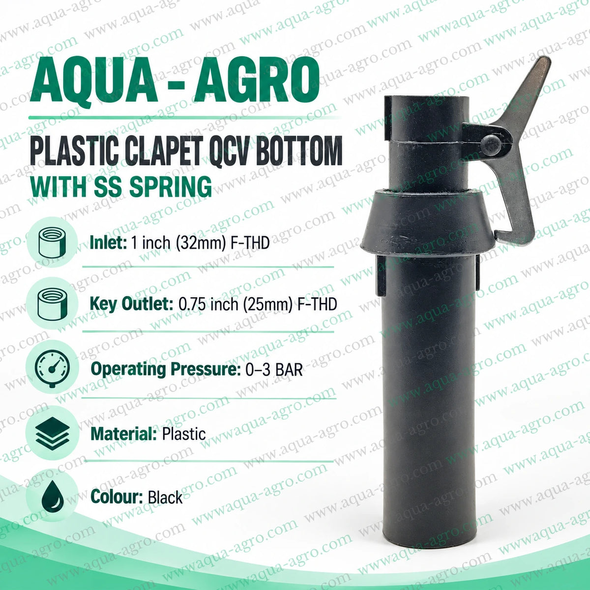 AQUA AGRO plastic clapet QCV bottom valve with SS spring 1 inch 32mm female threaded inlet 0.75 inch 25mm female key outlet 0 to 3 bar for agricultural irrigation and quick water connection