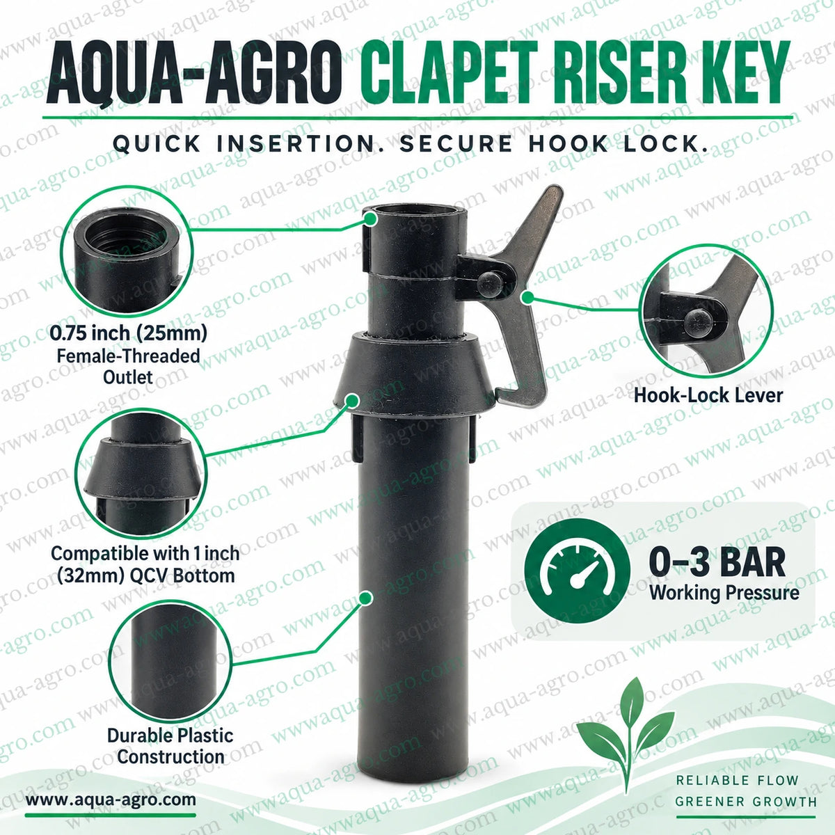 AQUA AGRO plastic clapet riser key for quick coupling valve QRC QCV with hook lock 1 inch 32mm QCV bottom compatibility 0.75 inch 25mm female threaded outlet for irrigation systems