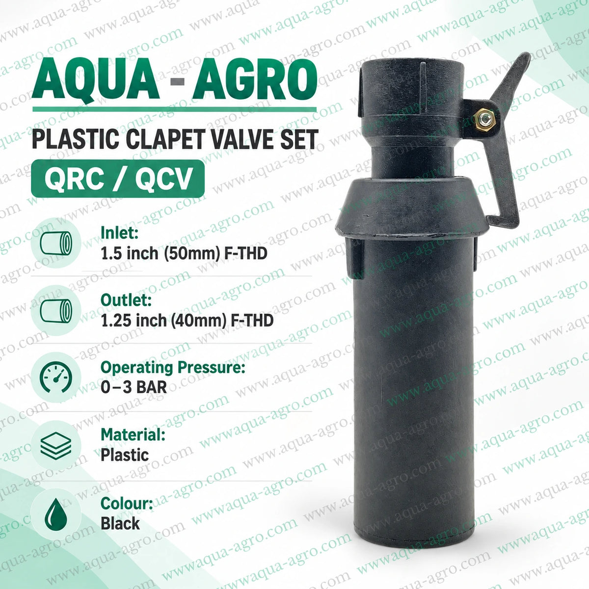 AQUA AGRO plastic clapet quick coupling valve QRC QCV set with 1.5 inch 50mm female threaded inlet 1.25 inch 40mm female threaded outlet 0 to 3 bar for irrigation systems