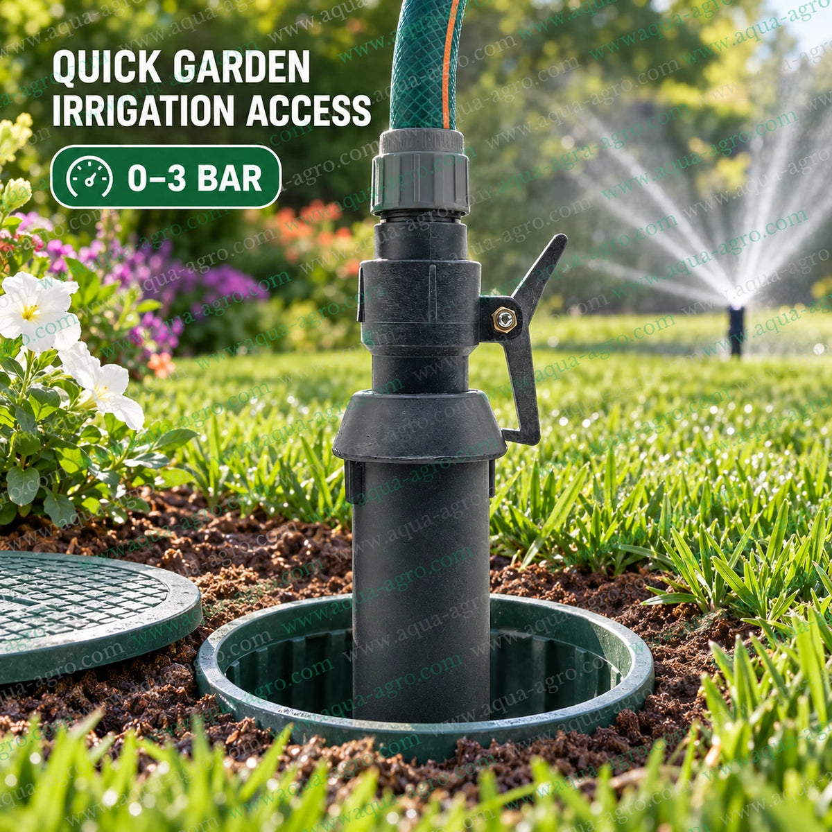 AQUA AGRO 1.5 inch plastic clapet quick coupling valve QRC QCV installed in garden irrigation system with riser key and hose connection for quick portable watering access