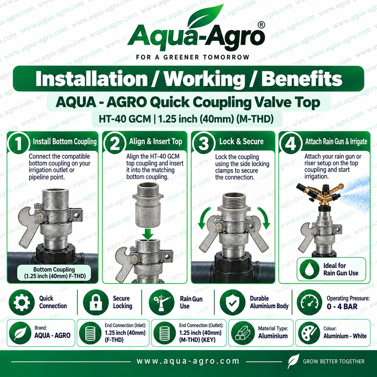 AQUA AGRO HT-40 GCM Quick Coupling Valve QCV Top 1.25 Inch 40mm Male Thread Aluminium Rain Gun Coupling for Portable Irrigation
