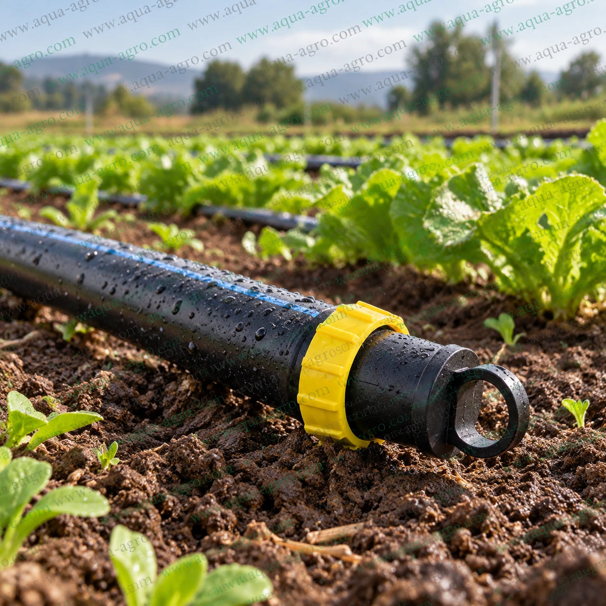 AQUA AGRO 32mm Rain Pipe End Cap with Yellow Ring Fit Connector Installed on Black Irrigation Rain Pipe in Agricultural Vegetable Field for Water Flow Closure