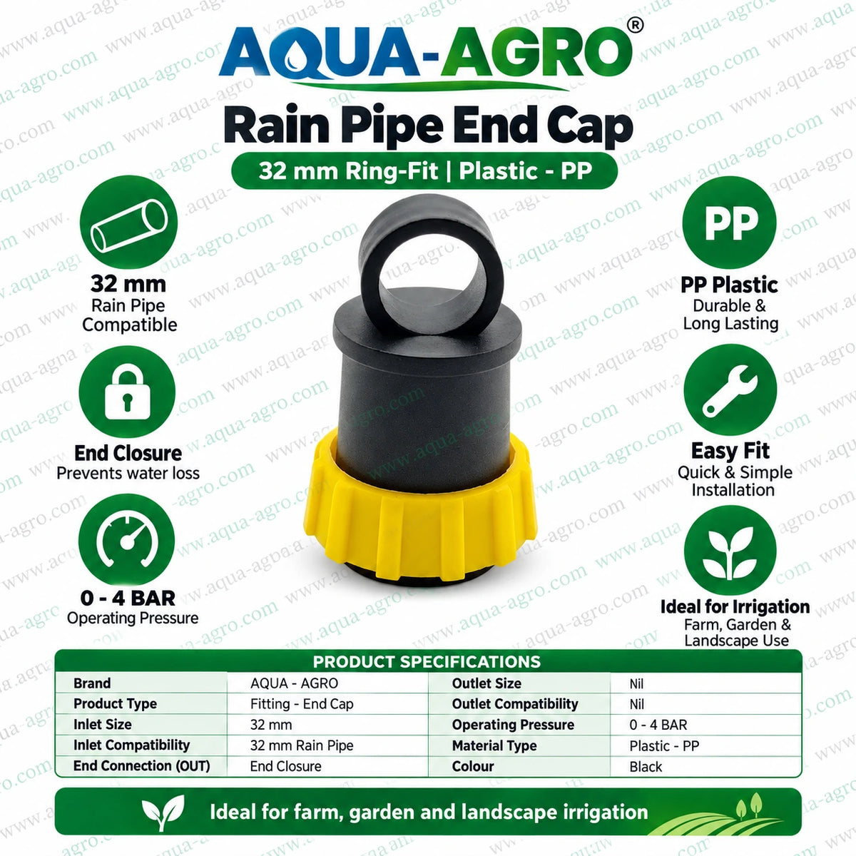 AQUA AGRO 32mm Rain Pipe End Cap Lite with Yellow Ring Fit Locking Nut Durable Black PP Plastic Body and 0 to 4 Bar Operating Pressure for Farm Garden and Landscape Irrigation