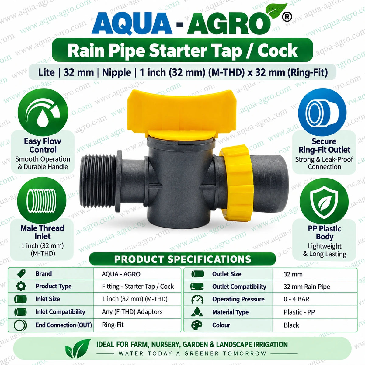 AQUA AGRO 32mm Rain Pipe Starter Tap Cock with 1 Inch Male Threaded Inlet and 32mm Ring Fit Outlet Black PP Plastic Water Flow Control Valve for Agricultural Irrigation