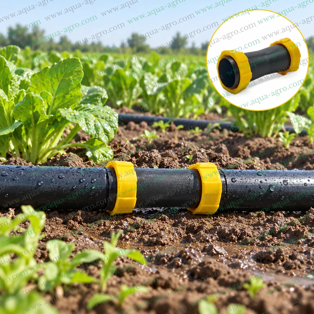 AQUA AGRO 40mm Rain Pipe Coupler Joiner Installed in Agricultural Field Connecting Two Rain Irrigation Pipes with Secure Yellow Ring Fit Fittings