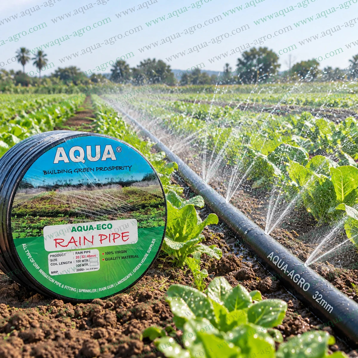 AQUA-AGRO 32mm LDPE Rain Pipe Irrigation System with Laser Punched Holes Spraying Water on Both Sides of Vegetable Crops in Agricultural Farmland for Efficient Water Distribution and Crop Irrigation