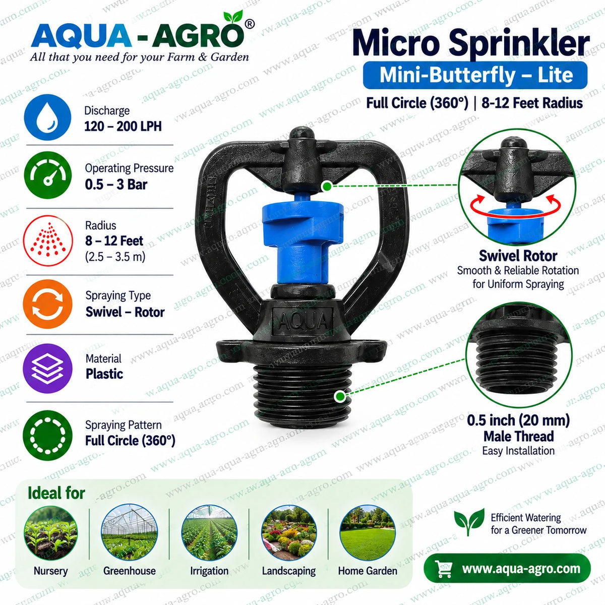 AQUA-AGRO Mini Butterfly micro sprinkler 0.5 inch 20mm male threaded full circle 360 degree swivel rotor with 8 to 12 feet radius and 120 to 200 LPH discharge