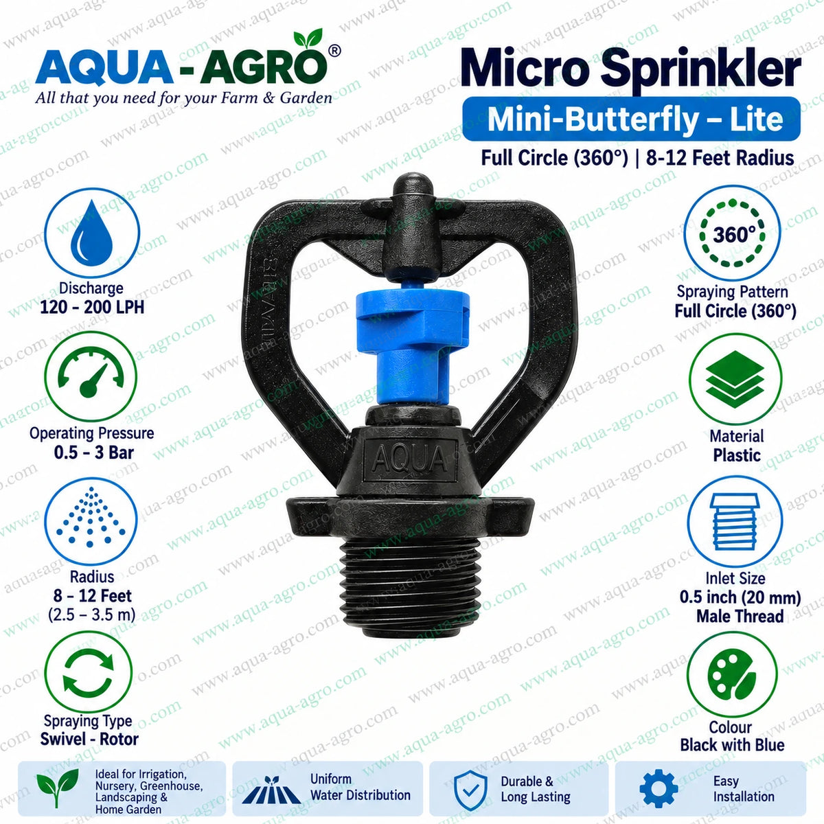 AQUA-AGRO Mini Butterfly full circle micro sprinkler with 8 to 12 feet watering radius 0.5 inch 20mm male thread for nursery greenhouse garden landscaping and irrigation systems