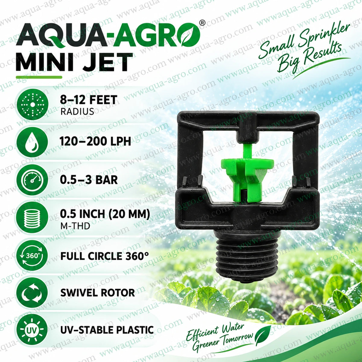 AQUA-AGRO Rocker mini sprinkler 0.5 inch 20mm male threaded full circle 360 degree swivel rotor with 12 to 20 feet watering radius for irrigation systems