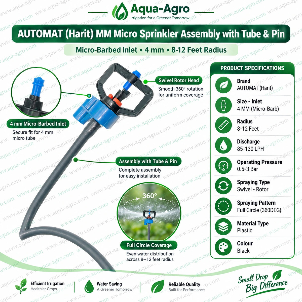 AQUA-AGRO MM micro sprinkler assembly with tube and pin 4mm micro barbed inlet full circle 360 degree swivel rotor 85 to 130 LPH for agricultural irrigation