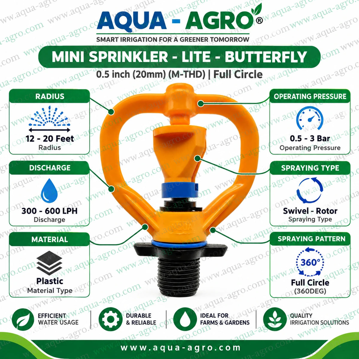 AQUA-AGRO mini sprinkler lite butterfly full circle 360 degree swivel rotor with 12 to 20 feet spray radius 300 to 600 LPH discharge 0.5 inch 20mm male threaded inlet for farm garden and agricultural irrigation