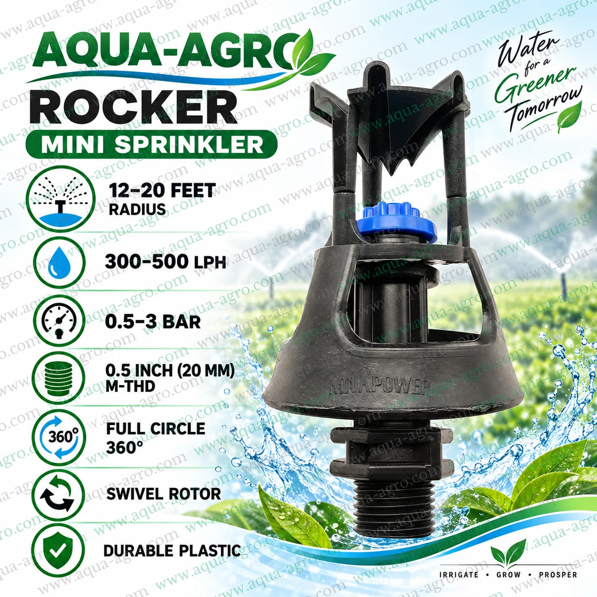 AQUA-AGRO rocker mini sprinkler with 12 to 20 feet radius 300 to 500 LPH flow full circle 360 degree swivel rotor 0.5 inch 20mm male threaded inlet durable plastic sprinkler for agriculture farm garden and nursery irrigation