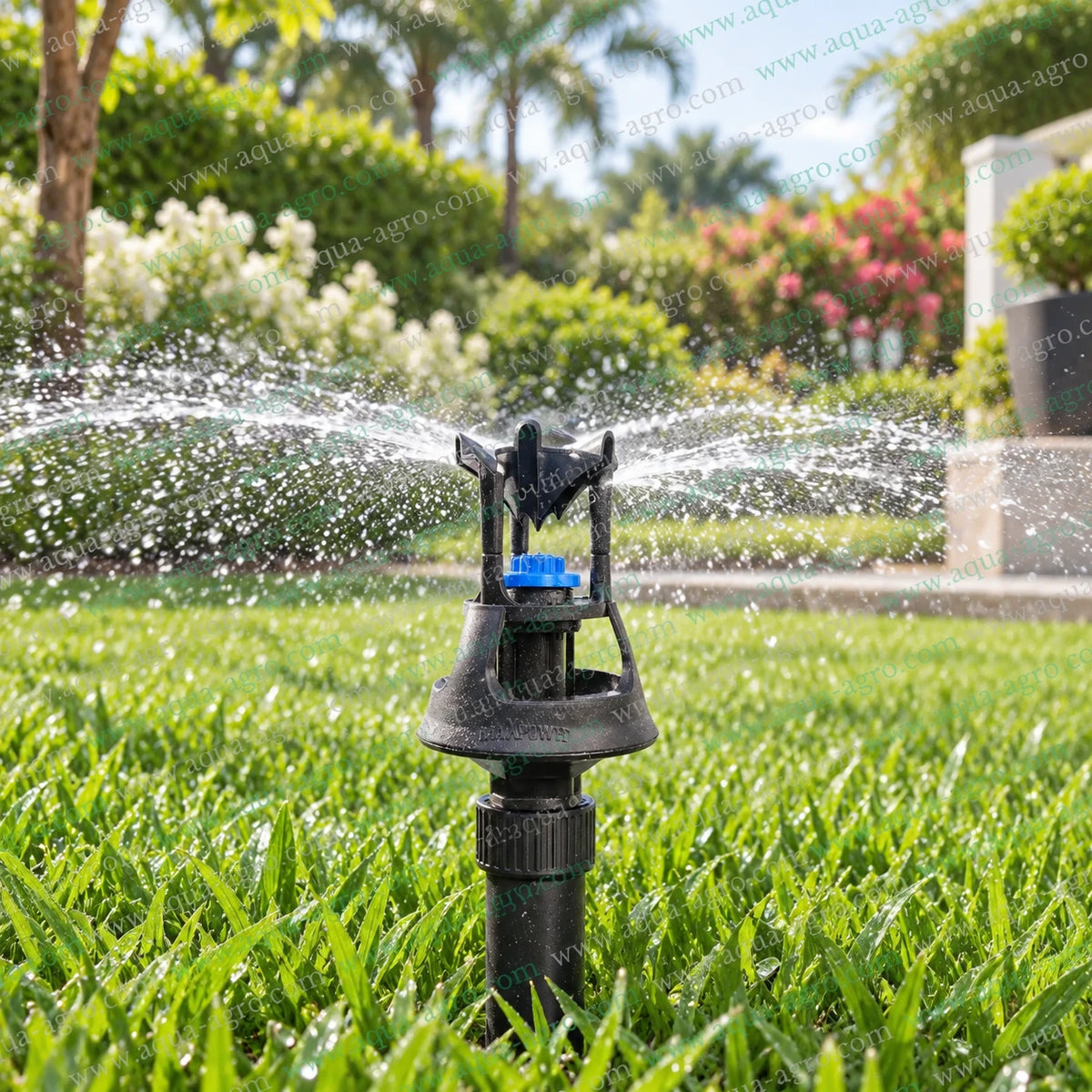 AQUA-AGRO rocker mini sprinkler watering green lawn with full circle 360 degree coverage 12 to 20 feet radius 300 to 500 LPH flow 0.75 inch 25mm male threaded inlet for garden lawn landscape and agricultural irrigation