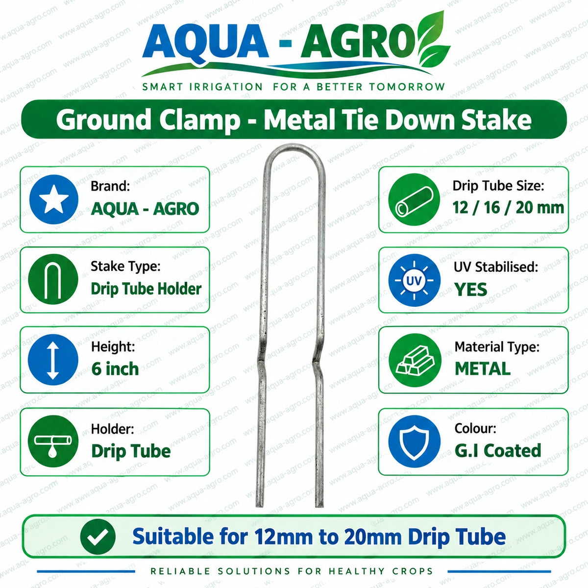 AQUA AGRO metal tie down stake ground clamp GI coated 6 inch drip tube holder suitable for 12mm 16mm and 20mm drip irrigation pipe