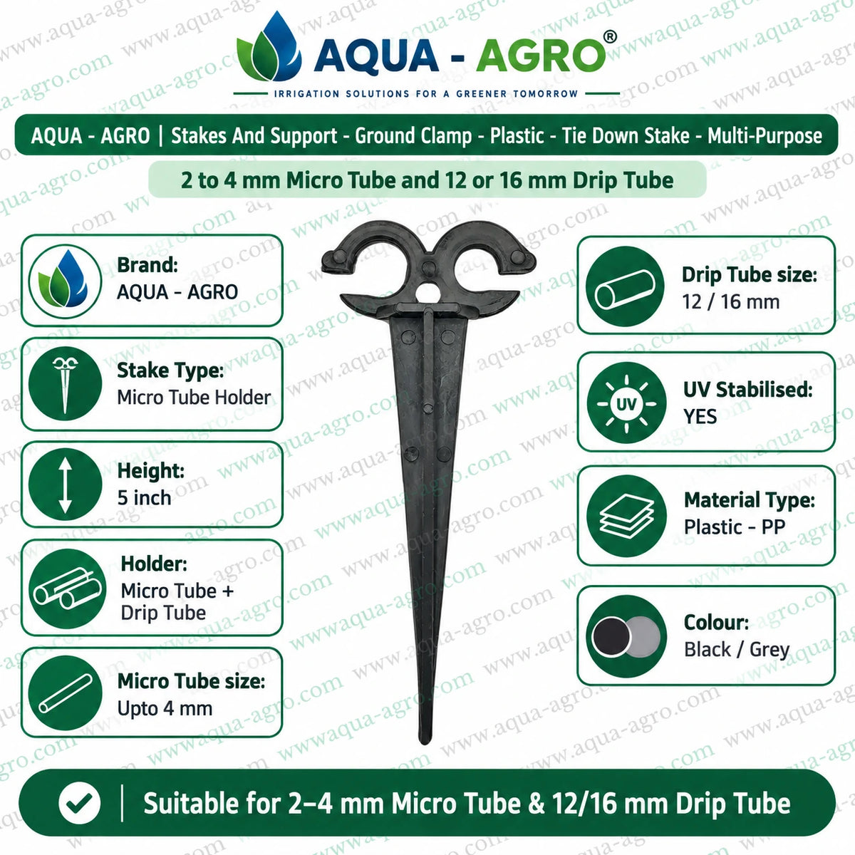 AQUA AGRO plastic ground clamp tie down stake for 2 to 4 mm micro tube and 12 or 16 mm drip tube with UV stabilised PP construction