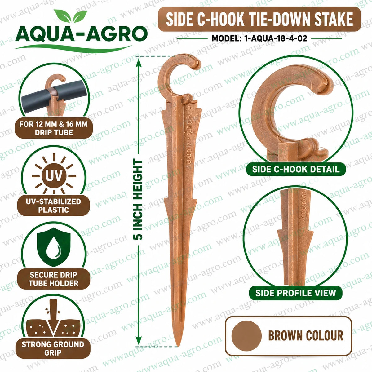 AQUA AGRO plastic side C hook tie down stake in brown colour for 16mm drip tube with UV stabilised construction and strong ground grip