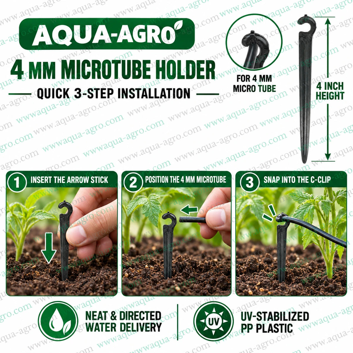 AQUA AGRO C type microtube holder 4 inch arrow stake with quick clip installation for 4mm micro tube UV stabilised PP plastic