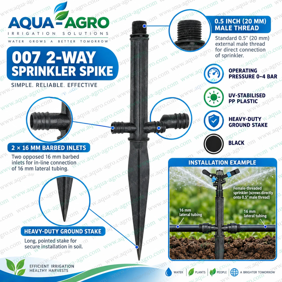 AQUA AGRO 007 2 way plastic sprinkler spike with dual 16mm barbed inlets and 0.5 inch 20mm male threaded outlet for irrigation systems