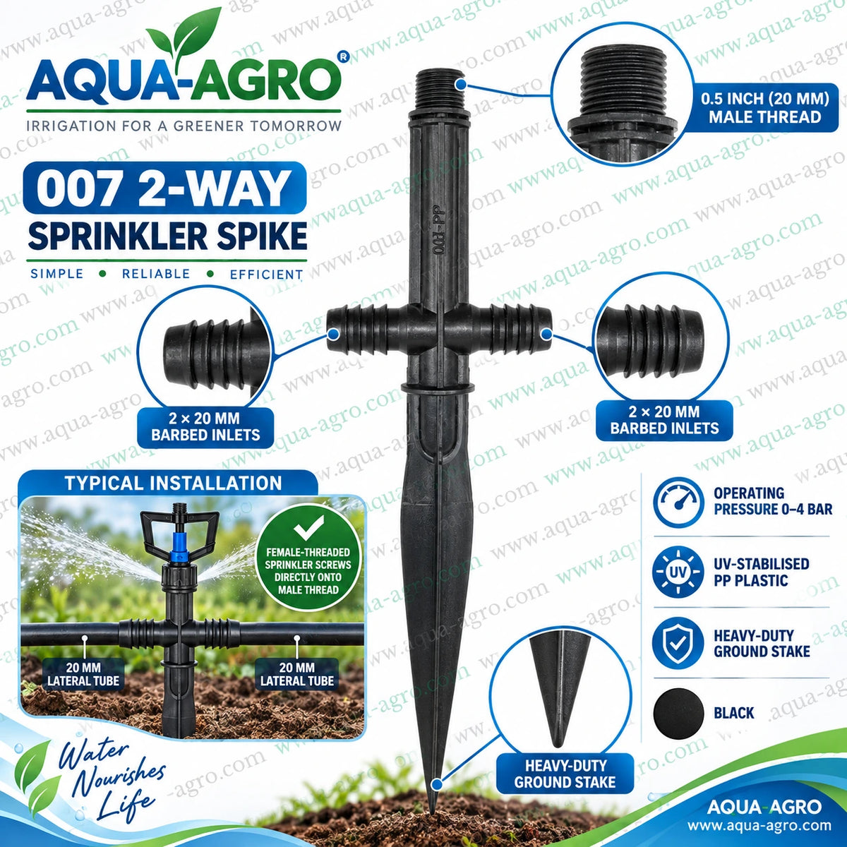 AQUA AGRO 007 heavy duty plastic 2 way sprinkler spike with 20mm barbed inlets and 0.5 inch male thread for farm irrigation systems