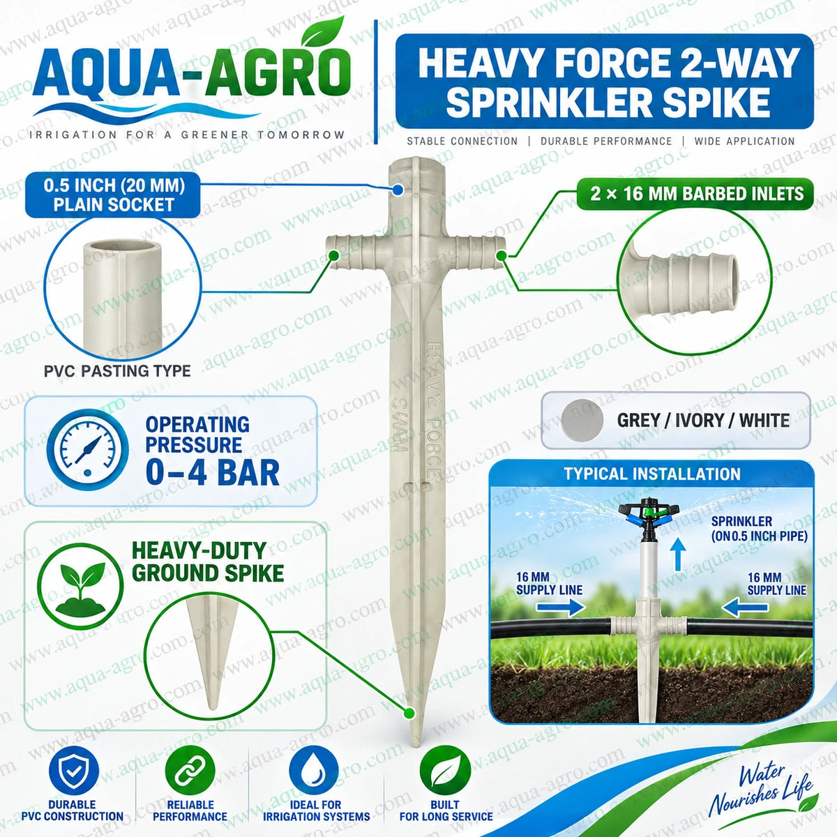 AQUA AGRO heavy force 2 way plastic sprinkler spike with 16mm barbed inlets and 20mm plain socket for agricultural irrigation systems