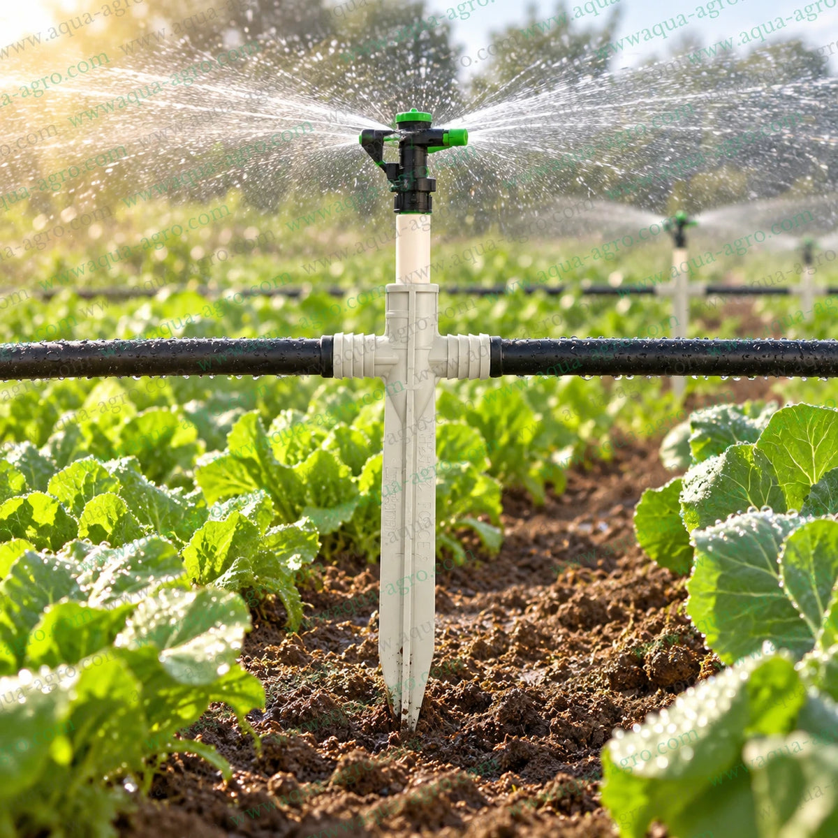 AQUA AGRO heavy force 2 way sprinkler spike installed with 20mm irrigation lateral pipes and sprinkler for farm crop watering