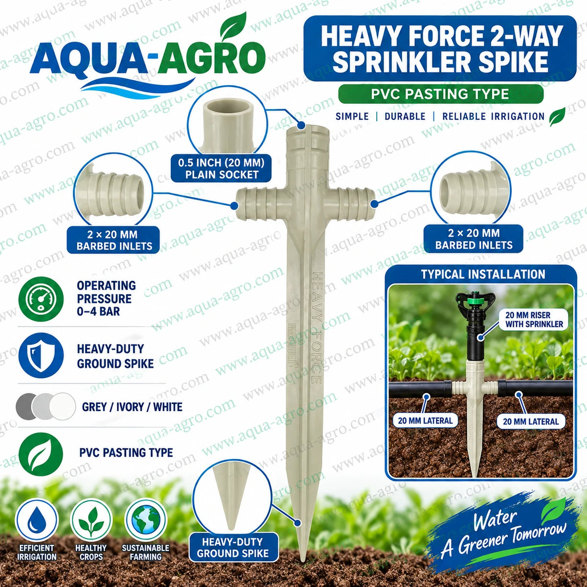 AQUA AGRO heavy force 2 way plastic sprinkler spike with 20mm barbed inlets and 20mm plain socket for agricultural irrigation systems