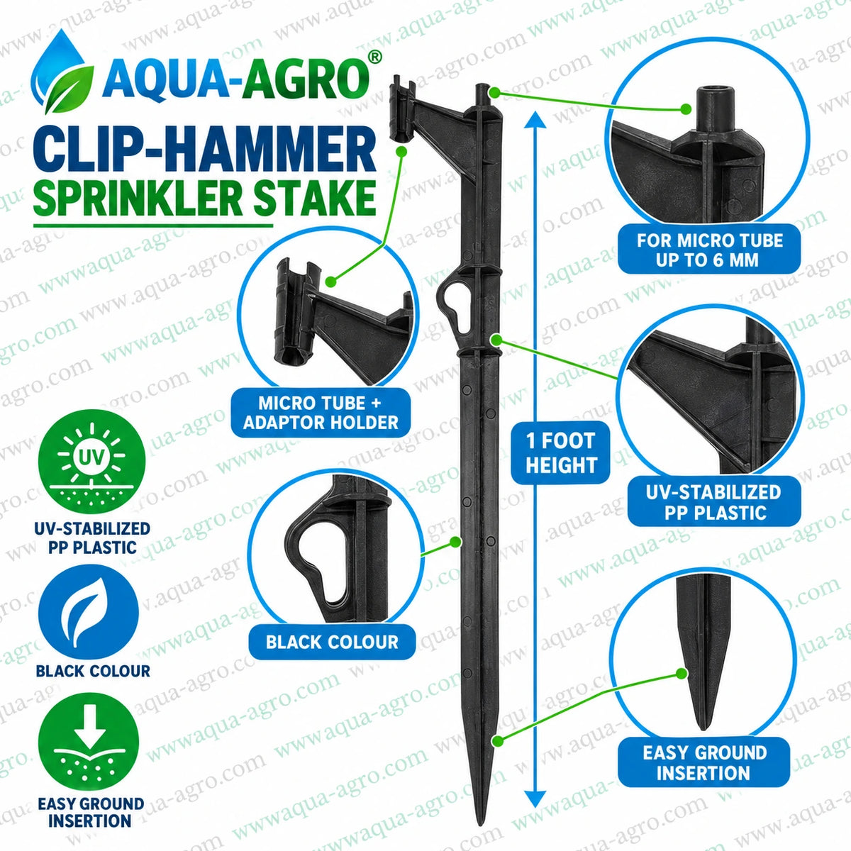 AQUA AGRO 1 feet plastic clip hammer sprinkler stake with microtube holder for up to 6mm micro tube and micro sprinkler support