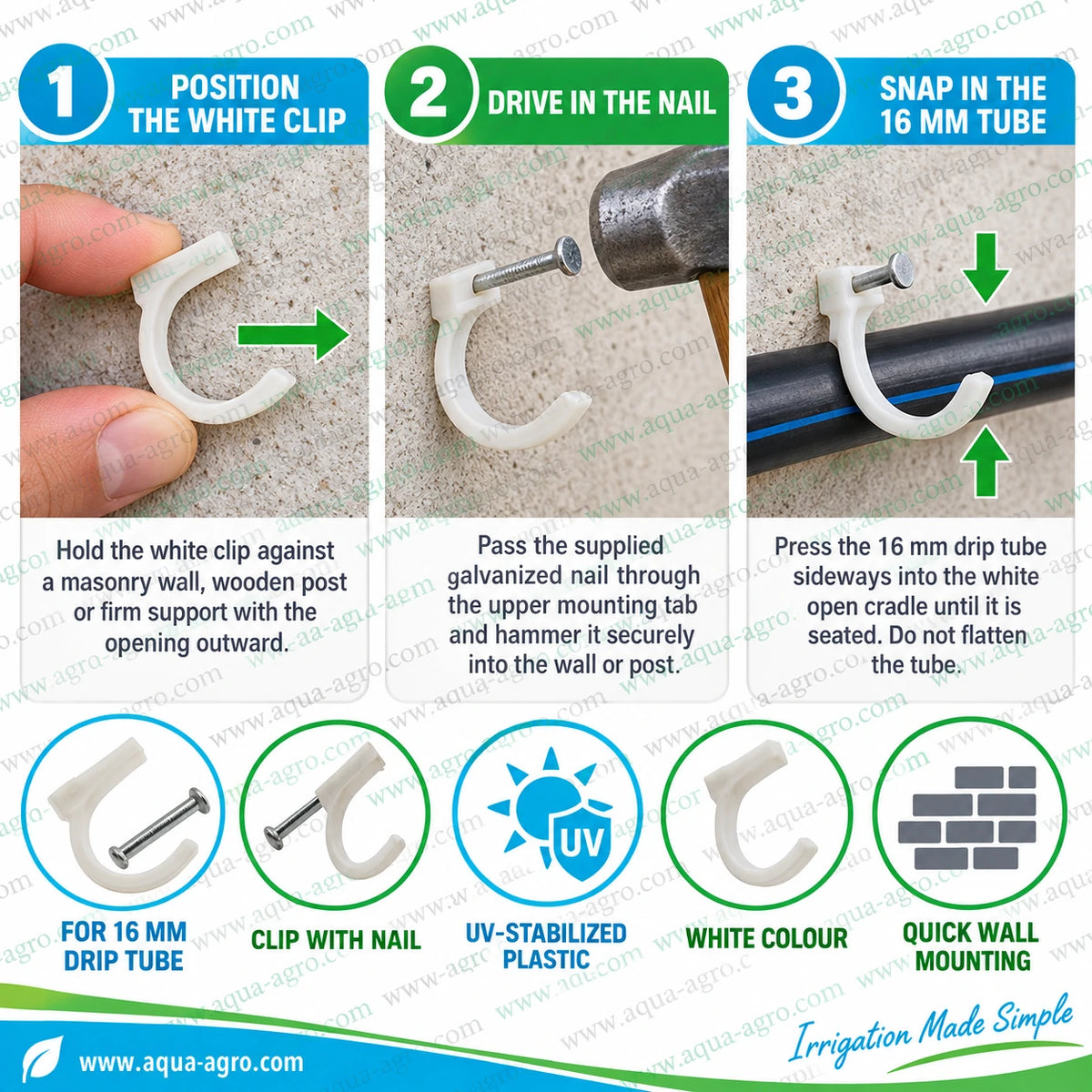 AQUA AGRO 16mm drip tube wall clip with nail showing quick three step installation for secure irrigation pipe mounting