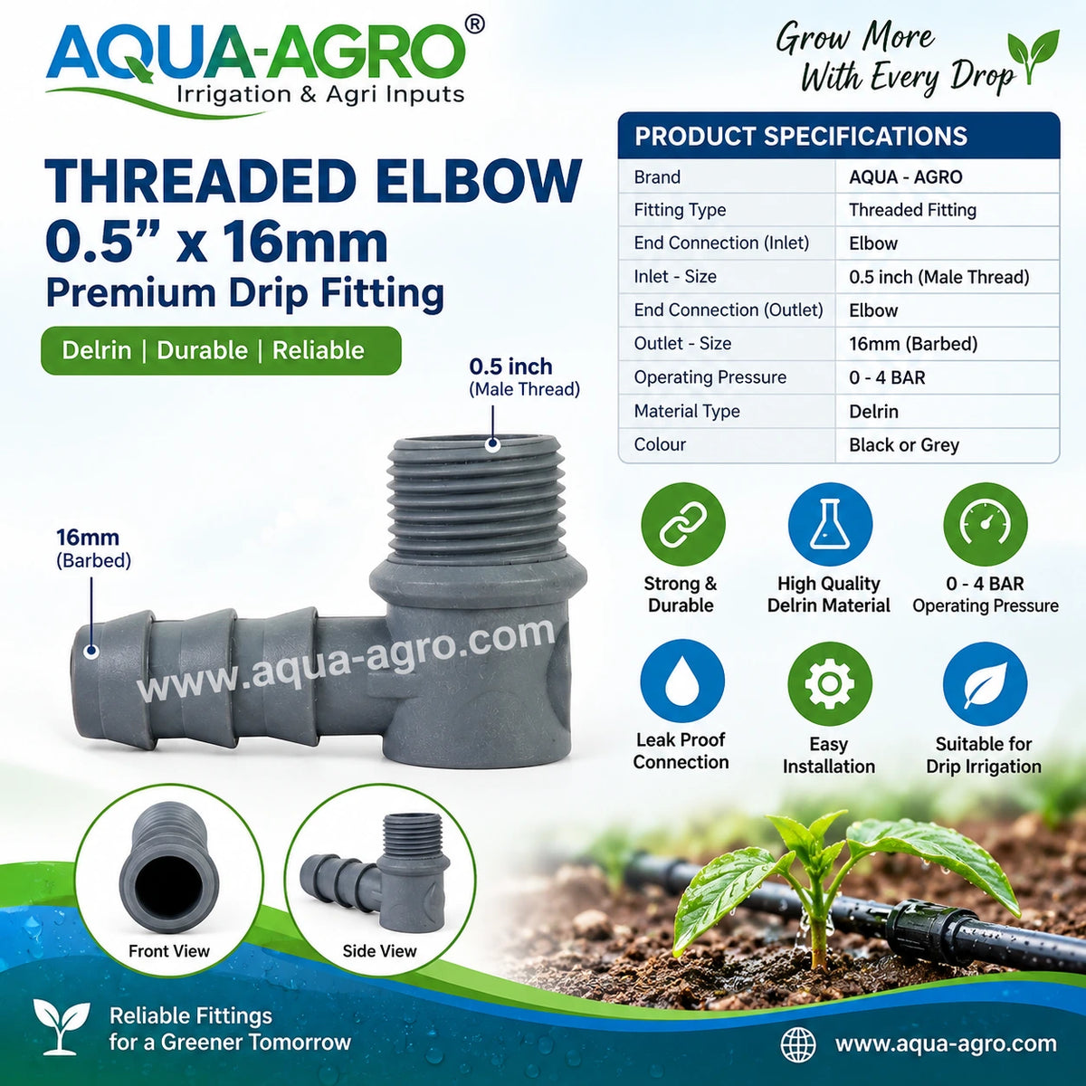 AQUA-AGRO premium Delrin drip elbow fitting with 0.5 inch male thread 16mm barb and 0-4 bar operating pressure
