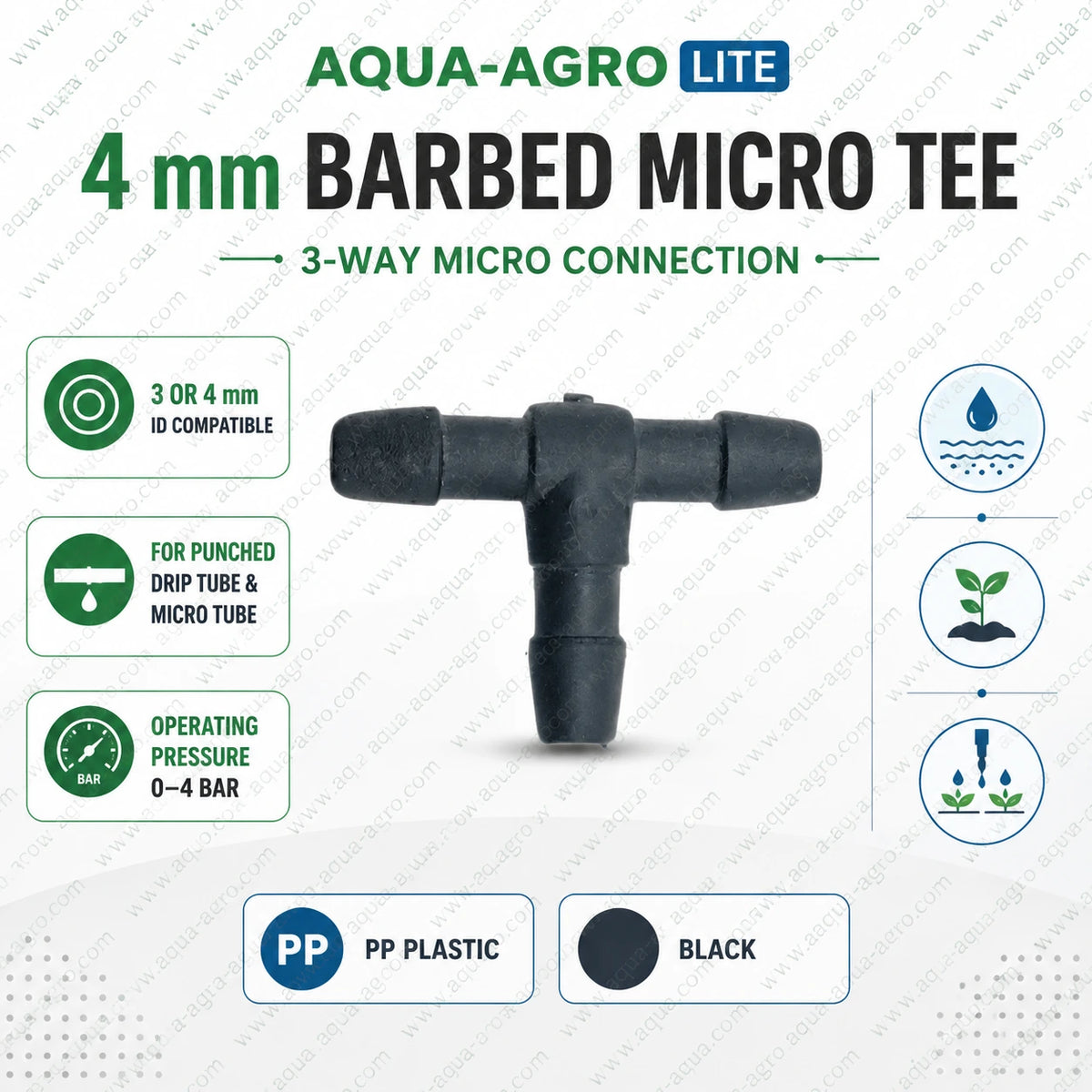 AQUA AGRO 4mm barbed micro tee lifestyle image installed in greenhouse nursery irrigation for reliable 3 way micro water distribution