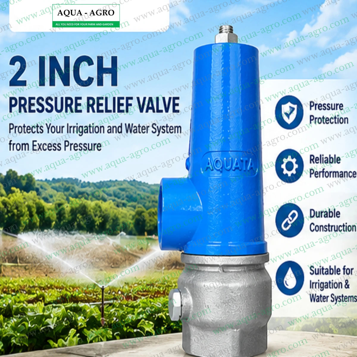 AQUATA 2 inch automatic pressure relief valve with adjustable spring loaded mechanism for excess water pressure protection in agricultural irrigation systems