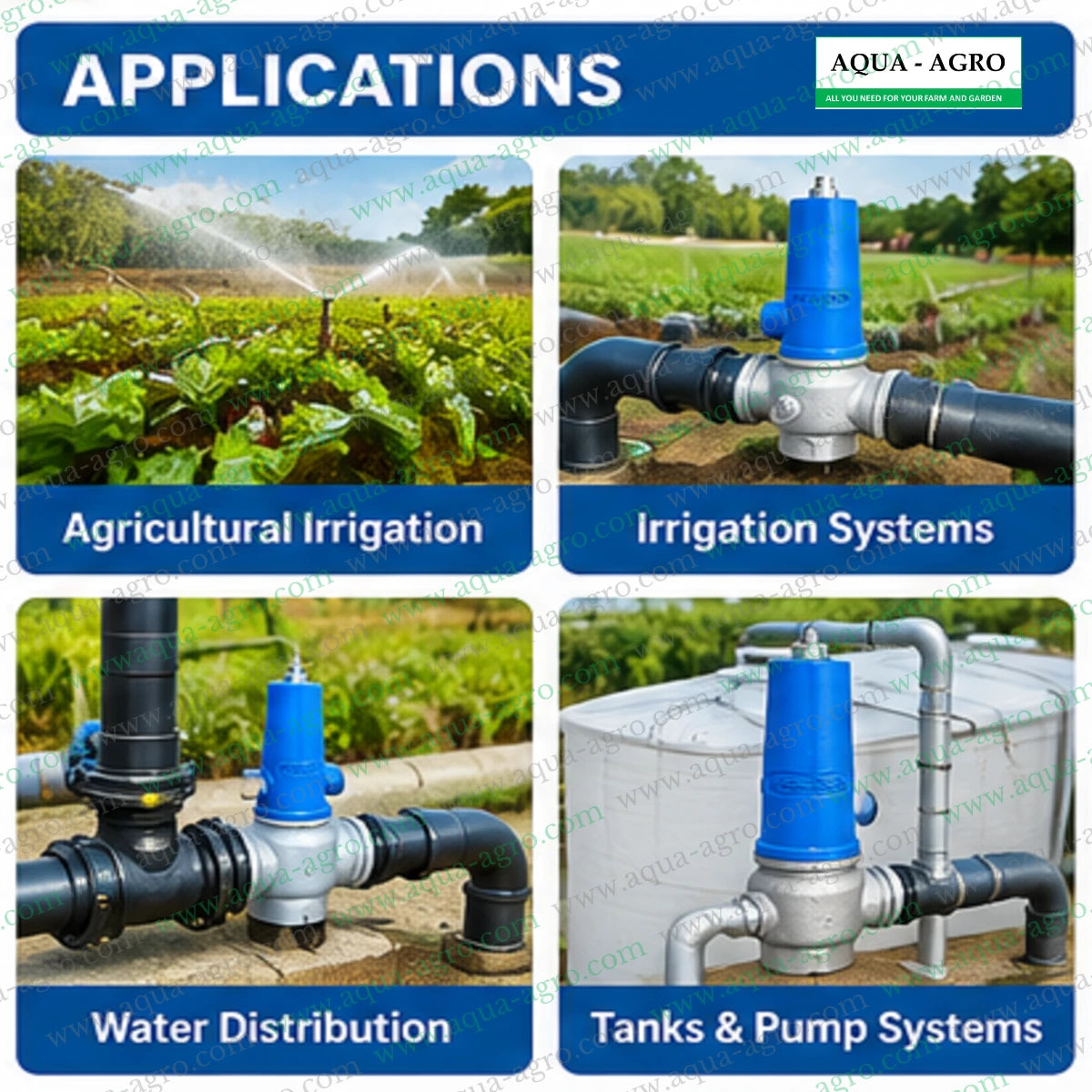 AQUATA 2 inch pressure relief valve applications in agricultural irrigation sprinkler systems water distribution pipelines and water storage tank pump systems