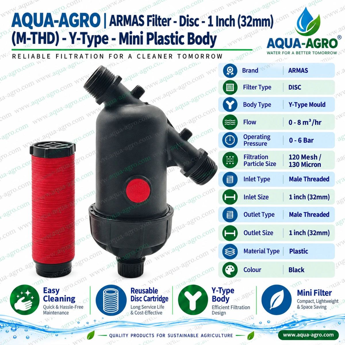 ARMAS AR MDF 1 mini Y type disc filter with 1 inch 32mm male threaded inlet and outlet black plastic body removable red disc cartridge 120 mesh 130 micron filtration 0 to 8 m3 per hour flow capacity and 0 to 6 bar operating pressure for agricultural irrigation water filtration