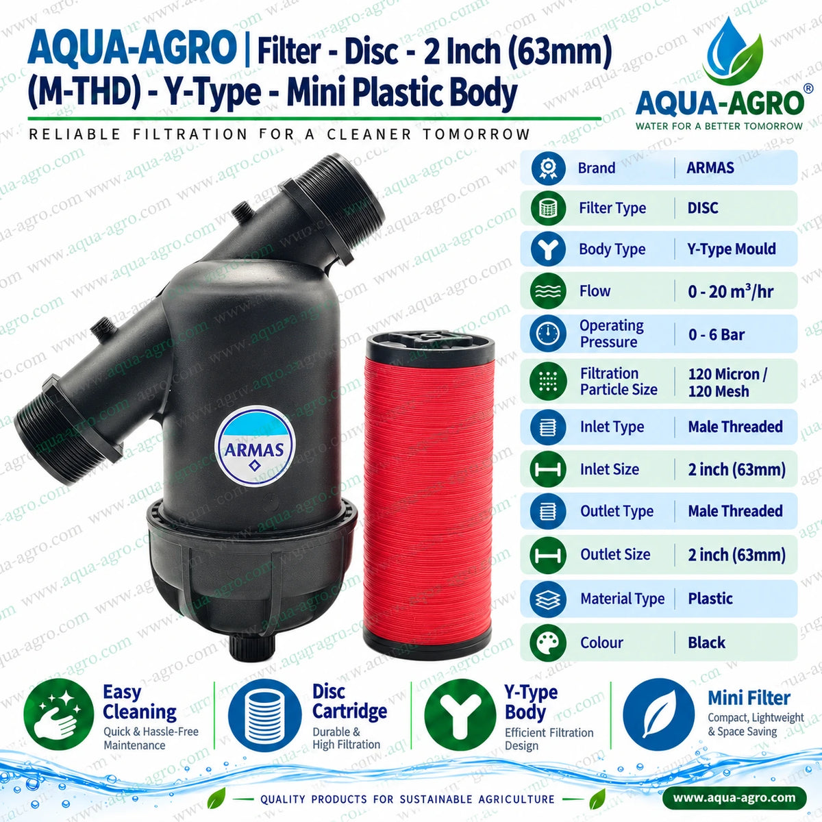 ARMAS AR MDF 2 mini Y type disc filter with 2 inch 63mm male threaded inlet and outlet black plastic body removable red disc cartridge 120 mesh 130 micron filtration 0 to 20 m3 per hour flow capacity and 0 to 6 bar operating pressure for agricultural irrigation water filtration