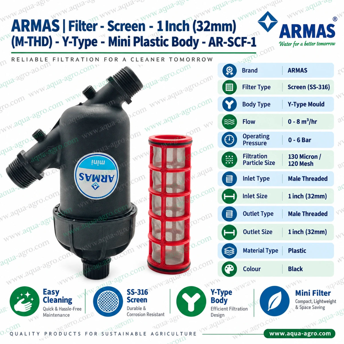 ARMAS 1 inch 32mm Y type mini screen filter AR SCF 1 with black plastic body red removable SS 316 stainless steel mesh cartridge 120 mesh 130 micron filtration male threaded inlet and outlet 0 to 8 m3 per hour flow capacity and 0 to 6 bar operating pressure for agricultural drip irrigation and sprinkler filtration systems