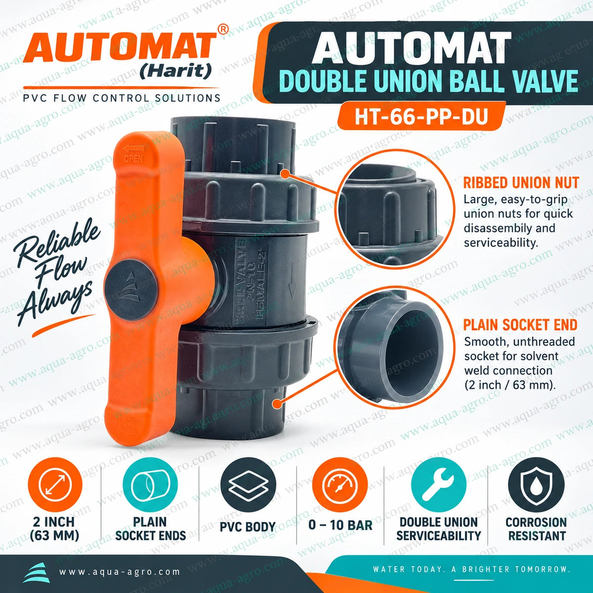 AUTOMAT HT-66-PP-DU double union PVC ball valve 2 inch 63mm plain socket ends 0 to 10 bar irrigation valve product specification