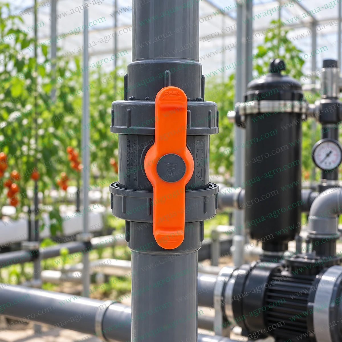 AUTOMAT 2.5 inch 75mm double union PVC ball valve HT-67-PP-DU installed in greenhouse irrigation system for dependable water flow control