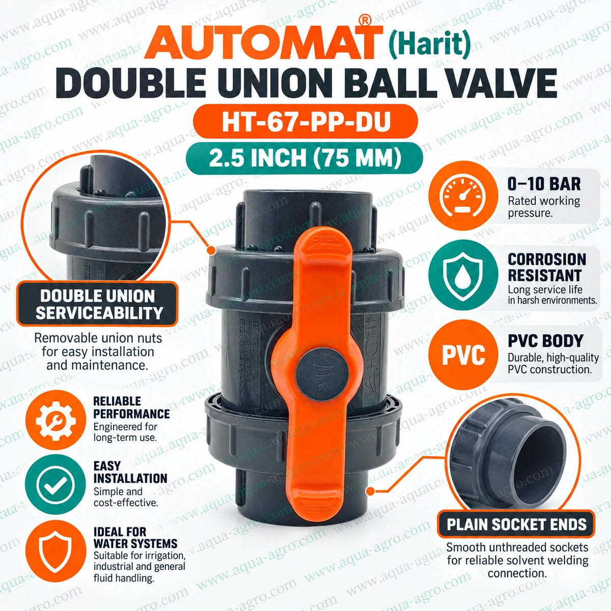 AUTOMAT HT-67-PP-DU double union PVC ball valve 2.5 inch 75mm plain socket ends 0 to 10 bar irrigation valve product specification