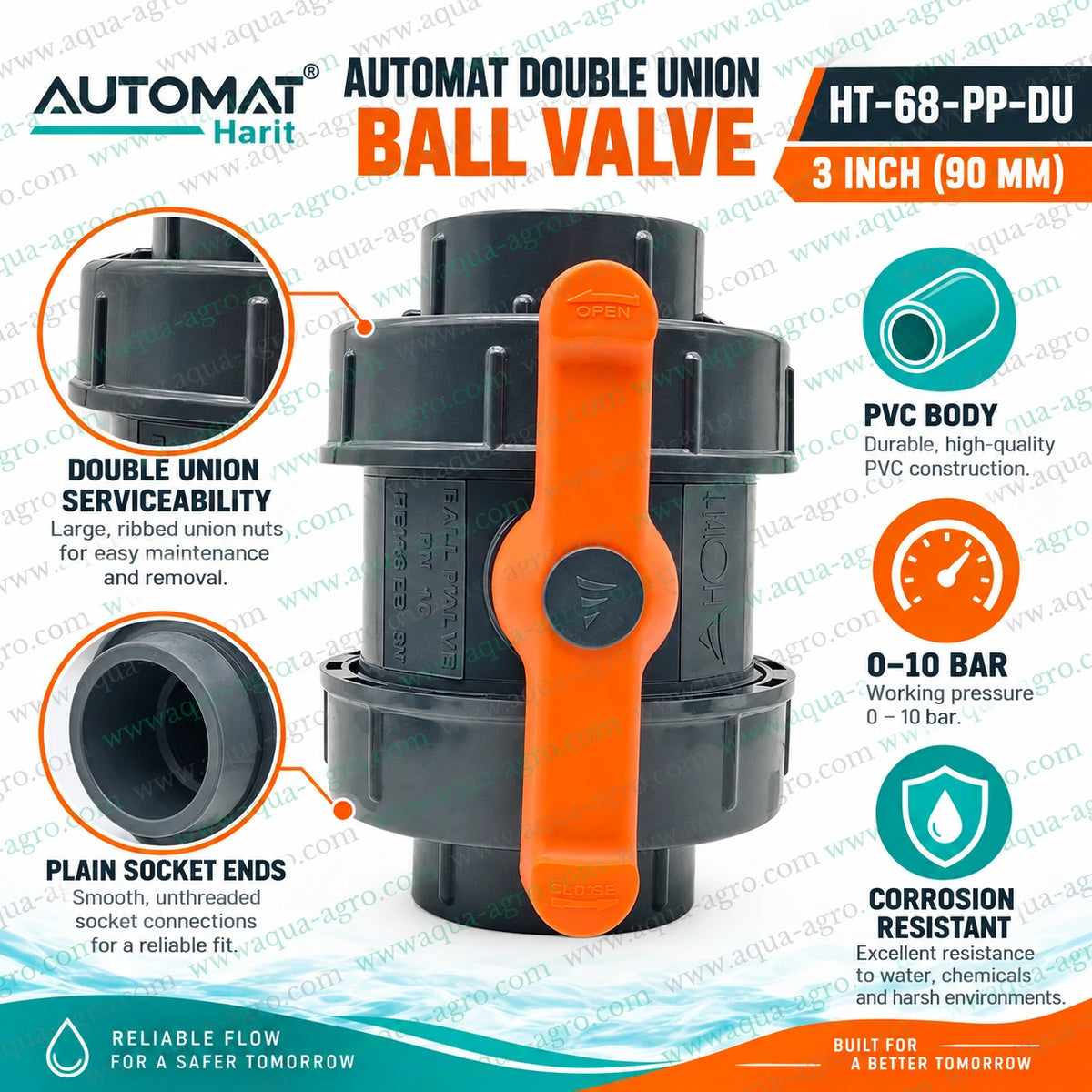 AUTOMAT Harit HT-68-PP-DU 3 inch 90mm PVC double union ball valve plain socket installation with solvent cement for irrigation water pipeline