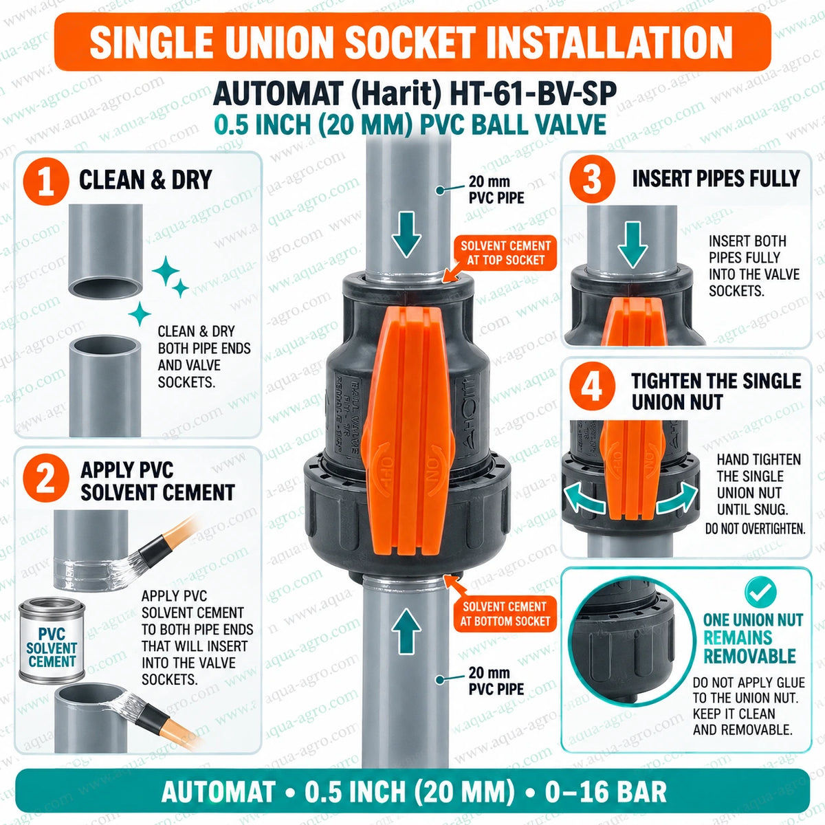 PVC solvent cement installation guide for AUTOMAT 0.5 inch single union irrigation ball valve with socket connections