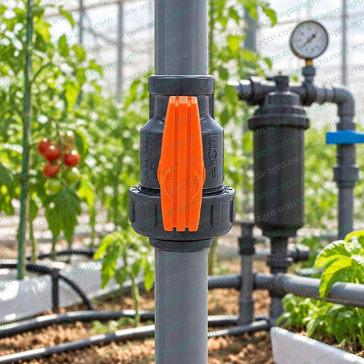 20mm AUTOMAT single union PVC ball valve controlling water flow in greenhouse drip irrigation pipeline