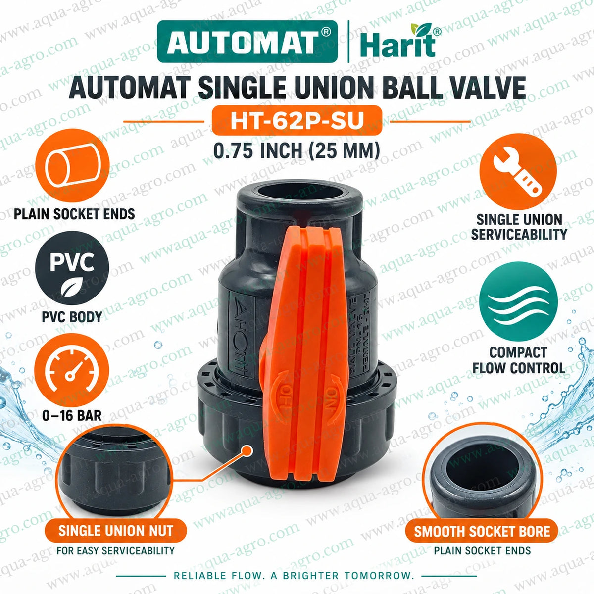 AUTOMAT Harit HT-62P-SU 0.75 inch (25mm) PVC single union ball valve with plain socket ends, 0–16 bar operating pressure, removable union nut and compact flow control