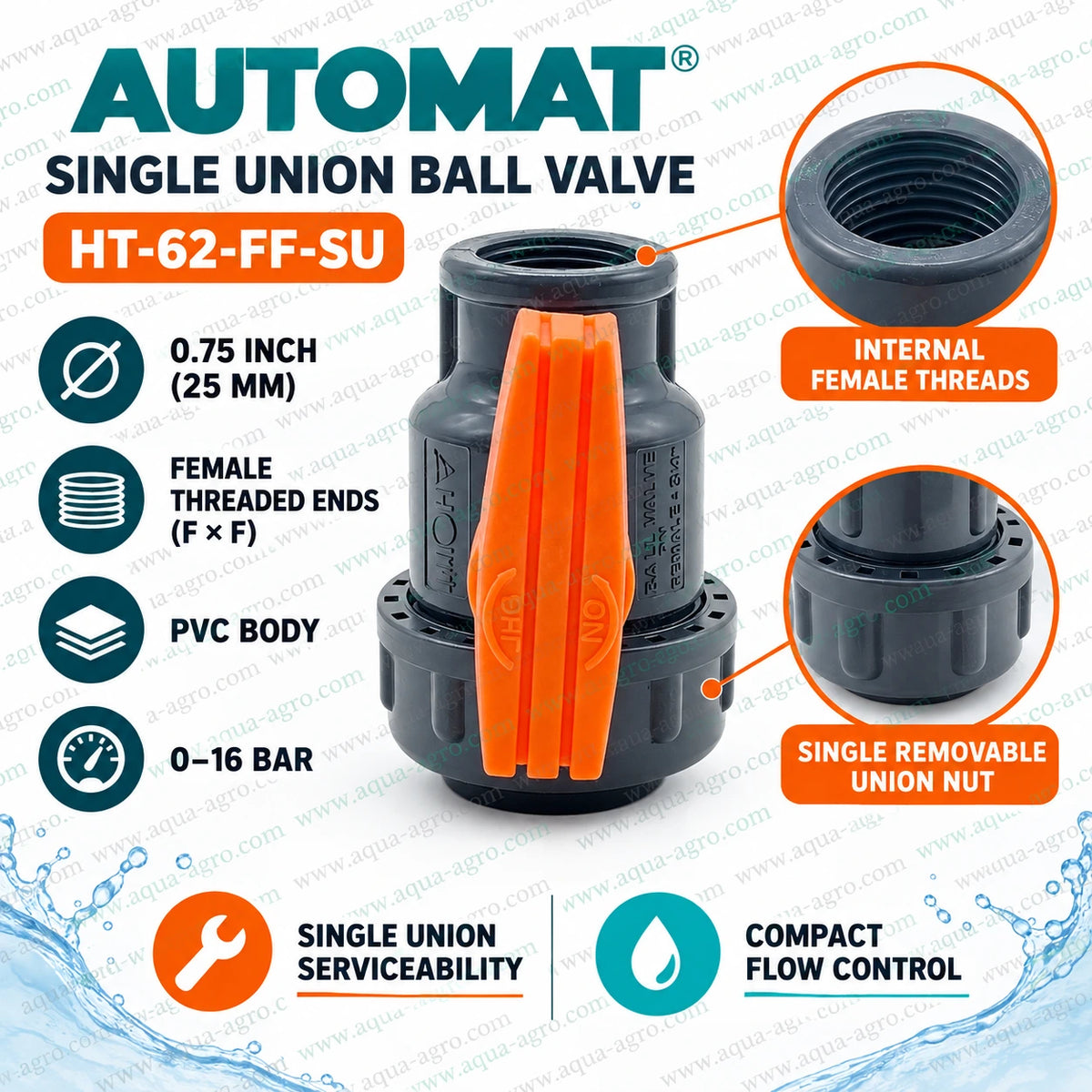 AUTOMAT HT-62-FF-SU single union PVC ball valve 0.75 inch 25mm female threaded FxF ends 0-16 bar product specifications